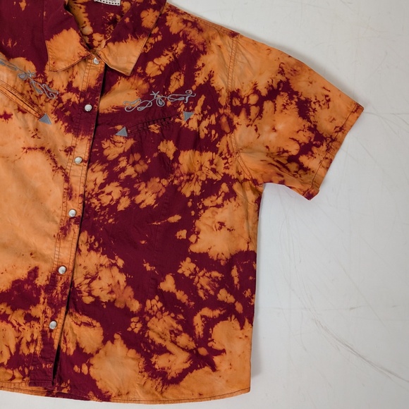 90s Short Sleeve Button Down Burnt Orange Shirt Oversized Reverse Bleached - Picture 4 of 9